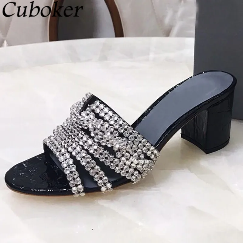 Hot Sale Chunky Heels Rhinestone Slippers Women Peep Toe Bling High Heel Ladies Slides Summer Sexy Party Dress Sandalias Mujer