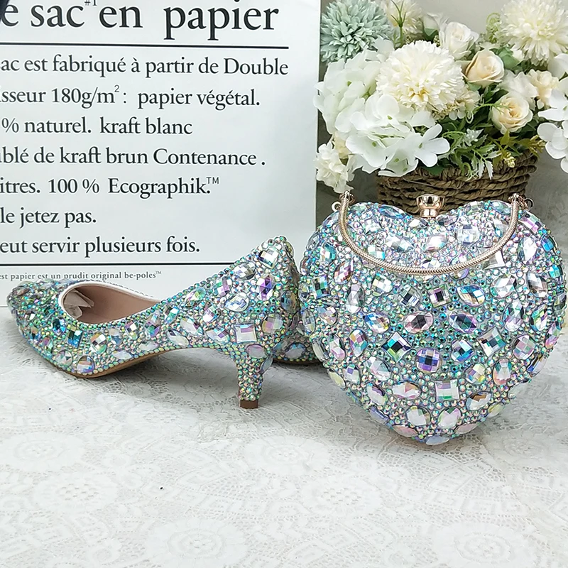 AB crystal royal blue Fucshia Heart handbags and shoes woman Luxury Wedding shoes Ankle strap Ladies Party shoe female view 6