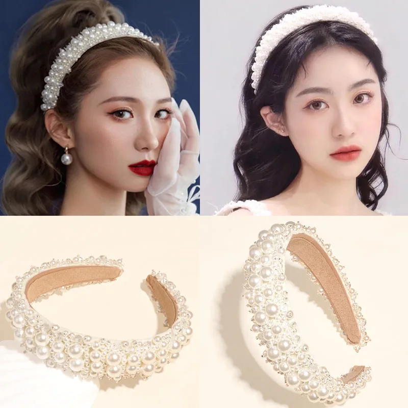 

2021 Pearl Handmade Headbands Beaded White Baroque Padded Headband For Women Party Hairband For Girls Gift