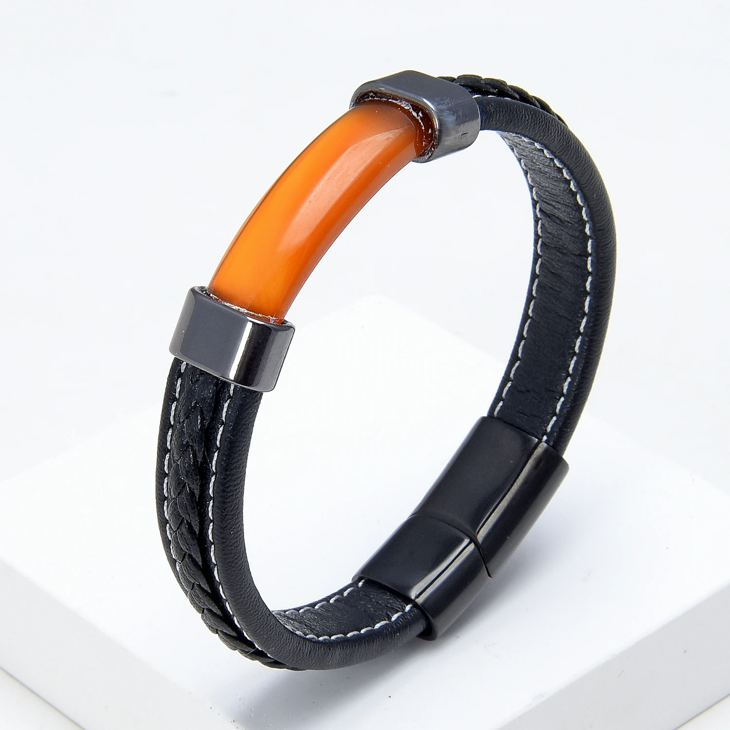 Luxury Natural Stone Men Black Braided Leather Bracelet Stainless Steel Magnetic Buckle Trendy Charm Bracelet Homme Jewelry