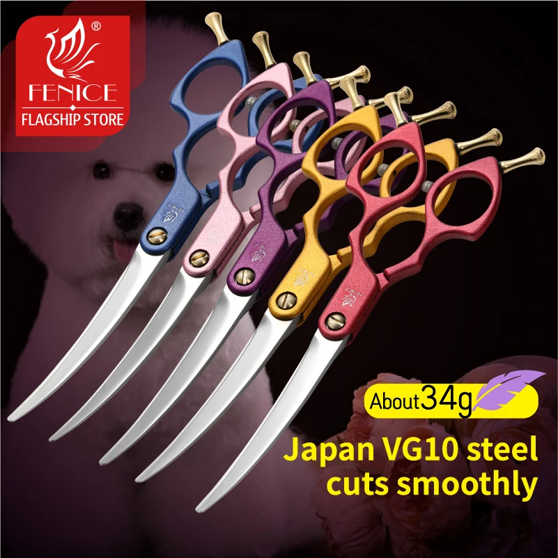 

Fenice 6.25inch High Quality Curved Dog Grooming Scissors JP VG10 Stainless Steel Dog Curved Shear Light Aluminum Handle