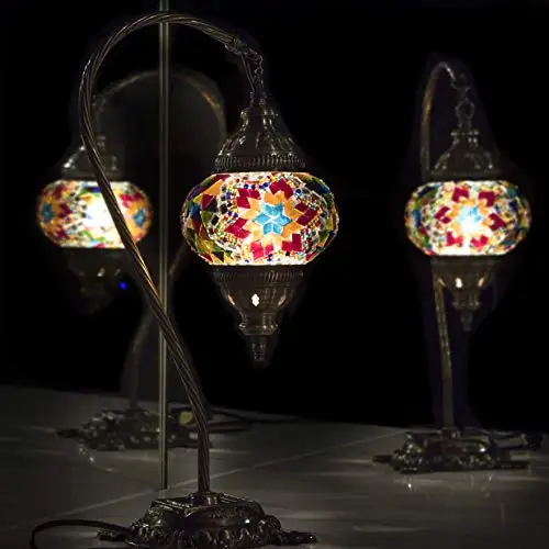 

Turkish Lamp, Tiffany Lamp 2021 Mosaic Stained Glass Boho Moroccan Lantern Table Lamp, swan Neck Handmade Desk Lighting Night At