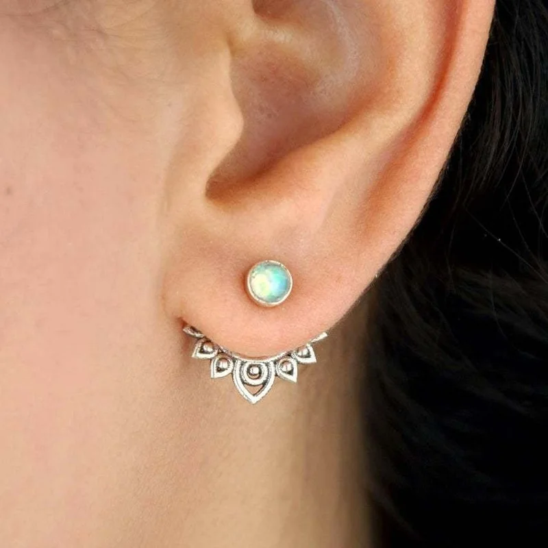 2021 Wholesale Indian Tribal Hollow Metal Lotus Opal Stone Stud Earring Boho Jewelry Antique Silver Color Handmade Ear Studs