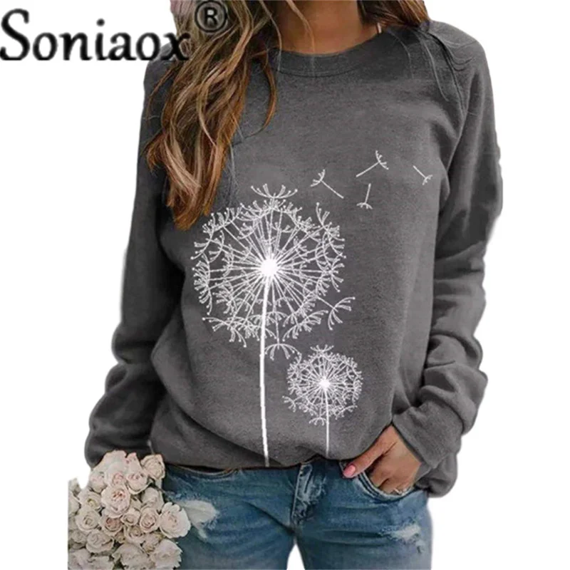 2021 Autumn Winter Women New Dandelion Print Round Neck Long Sleeve Sweatshirt Ladies Fashion Loose Casual Pullover