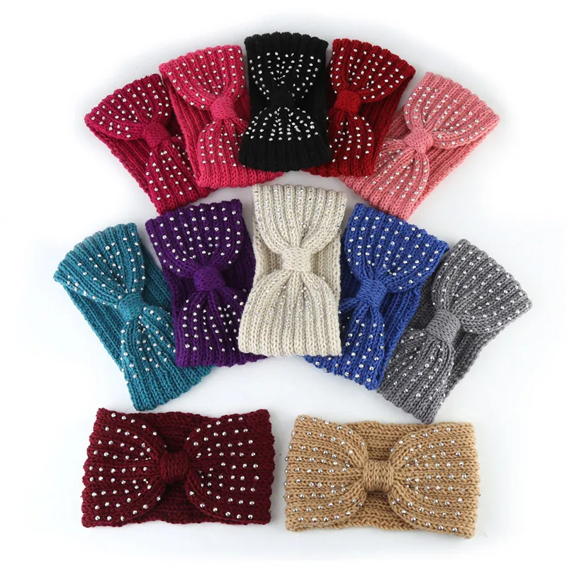 2024 Winter Warmer Ear Knitted Headband Turban For Lady Women Crochet Bowknot Rhinestone Hairband Headwrap Hair Accessories