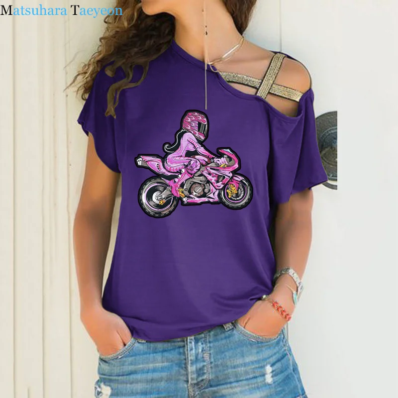 Pink Biker with Pink Girl Rider Fashion NEW T Shirt Women Short Sleeve TShirt Cotton T-Shirt Female Irregular Skew Cross Bandage