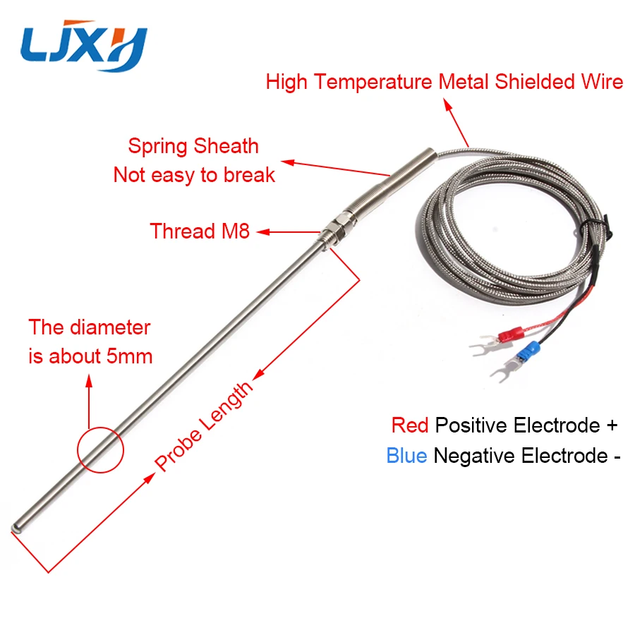 LJXH 5mm Dia 50~200mm Probe Type K-type Thermocouple with Temperature Sensing Cable Probe Temperature Sensor Shielded Wire