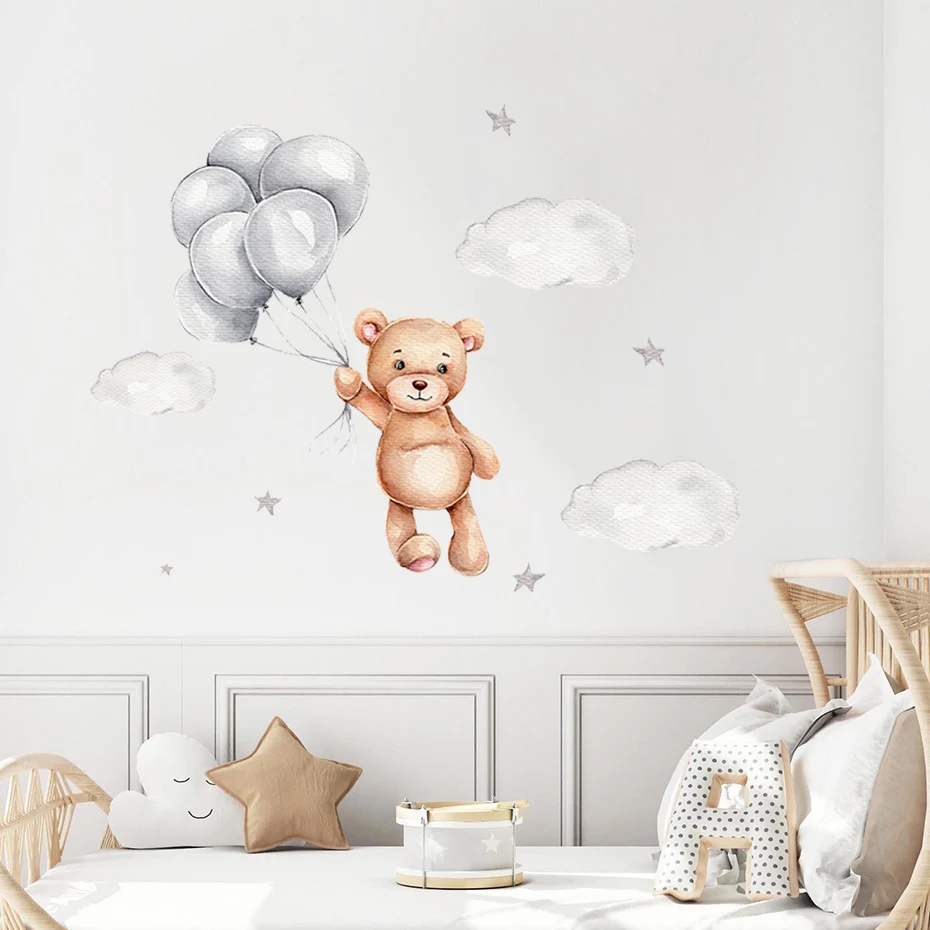 Cartoon Teddy Bear Balloons Clouds Stickers Nursery Wall Decals Art Removable Picture Posters For Baby Boys Room Home Decoration