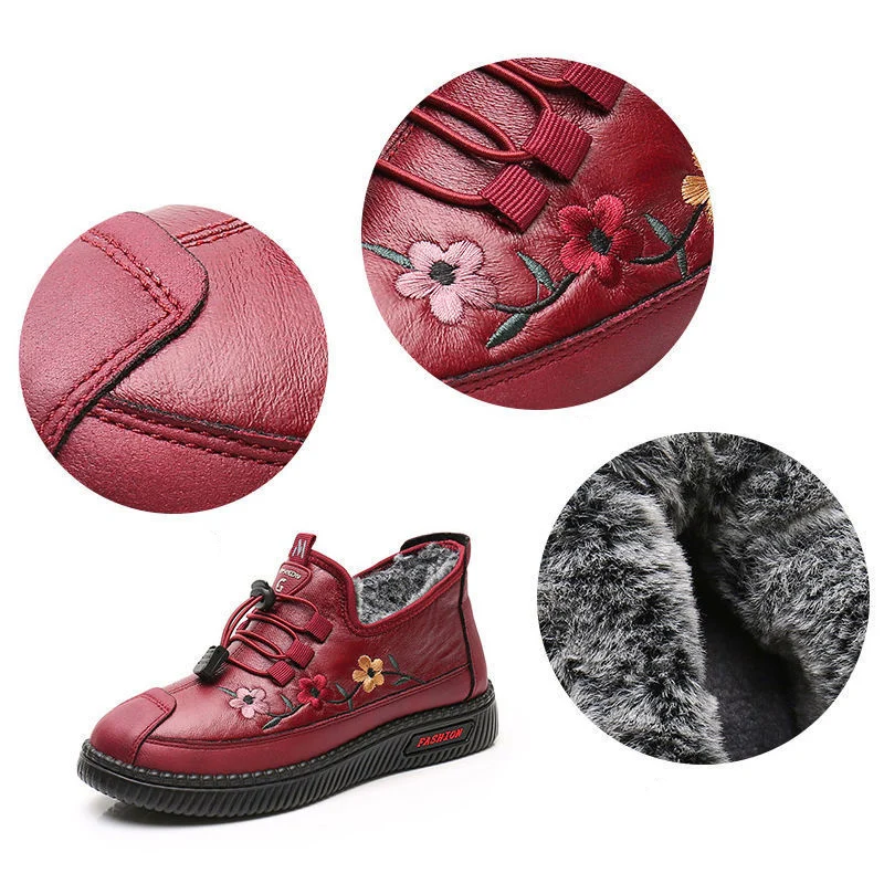 Black Emboridery Floral Fur Loafers Women Cozy Outdoor Trekking Shoes Ladies Mom Granny Warm Soft Moccasins Feamle Plush Sneaker