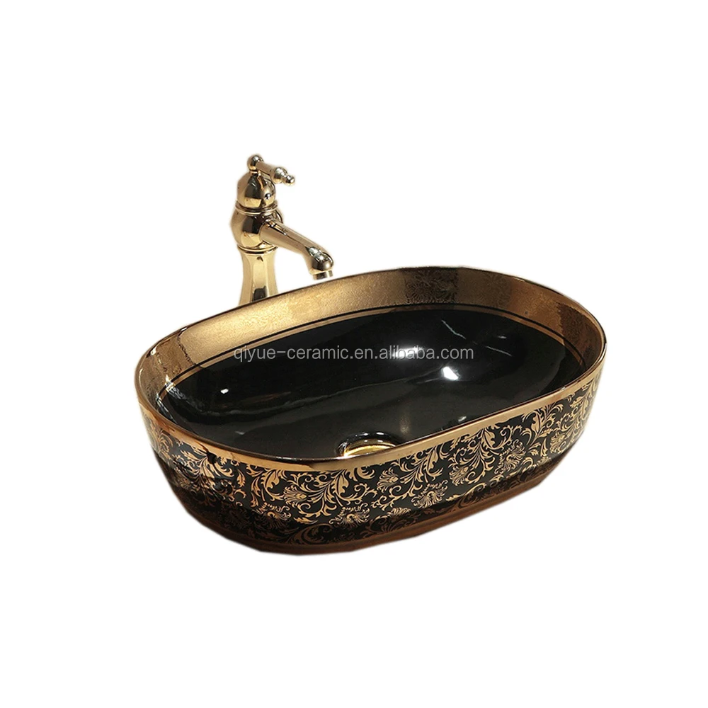 

Luxury sanitary wares basin bathroom hand wash ceramic electroplated black and gold sink