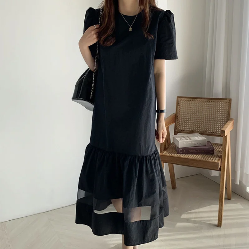 

WAKUTA Summer Women's Dress 2024 Japan Style Loose Casual Korean Fashion Simple Retro Round Neck Short Sleeves Gauze Maxi Dress