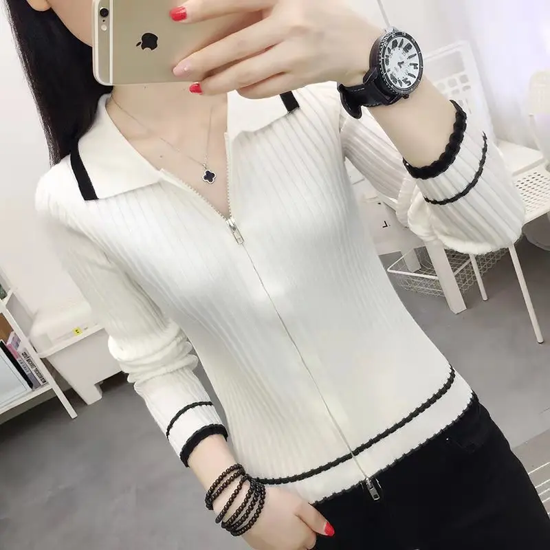 Spring Autumn Cardigan For Women Korean Fashion Turn-Down Collar Long Sleeve Sweater Oversize Zippers Top Female Soft Knitwear