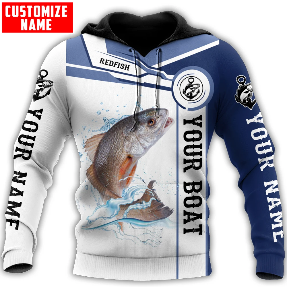 Nama Kustom Redfish Memancing 3D Seluruh Cetak Hoodie & Kaus Pria Musim Gugur Uniseks Zip Hoodie Kasual Tracksuit KJ783