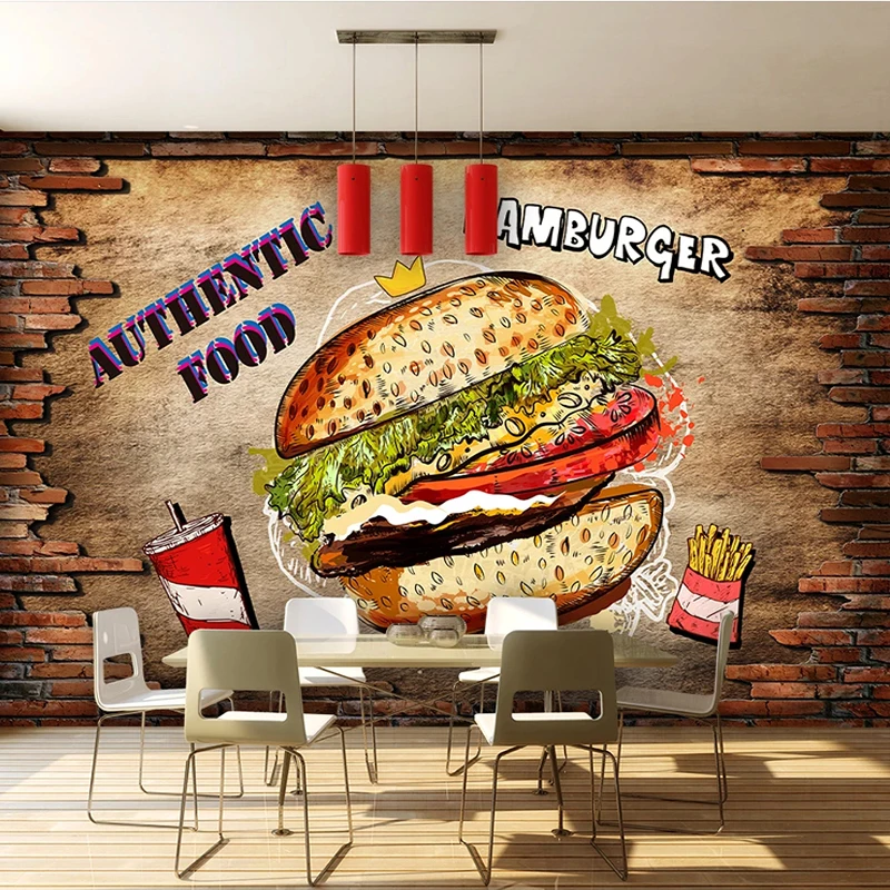 Custom Any Size Mural Wallpaper 3D Brick Wall Hamburger Fast Food Restaurant Kitchen Decor Backdrop Wall Removable Wall Sticker