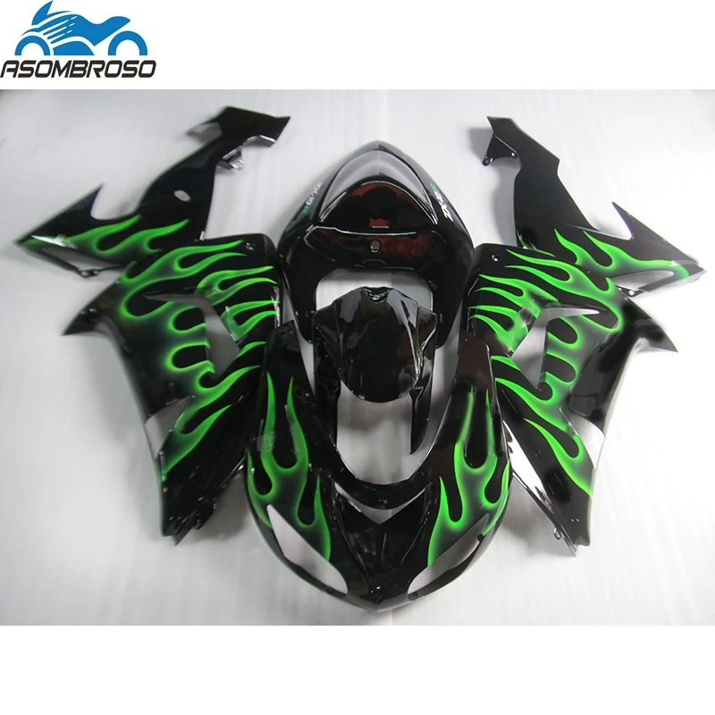 

ABS Plastic Motorcycle Bodyworks for Kawasaki Ninja ZX10R fairing kit 2006-2007 green flames black fairing set zx10r 06 07 GH28