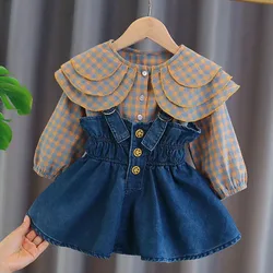 Toddler Kids Baby Girls Plaid Blouse Sling Denim Dress Spring Long Sleeve Tops Infant Girls Dress for Children Clothes Sets 2021