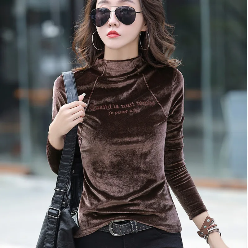 #0321 Autumn Winter Long Sleeve T Shirt Women Pleuche Slim Casual Basic T Shirt Female Embroidery Letter Velvet Solid Color Warm