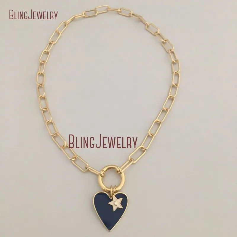 

NM35795 Paperclip Link Chain Necklace Carabiner Spring Gate Connector Clasp Navy Blue Heart Charm White Enamel Star