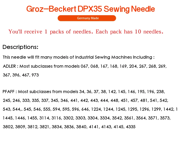 10PCS DPX35 Groz-Beckert For Industrial Sewing Machine Needles 134-35 2134-35 Fit Leather Fabric PFAFF & ADLER