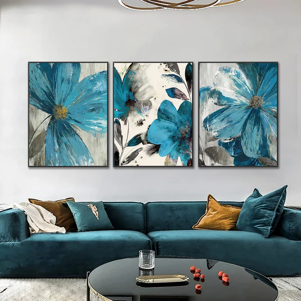 3 Panel Set Posters Abstract Blue Flowers Canvas Painting Nordic Plant Wall Art Pictures Prints For Living Room Home Decoration