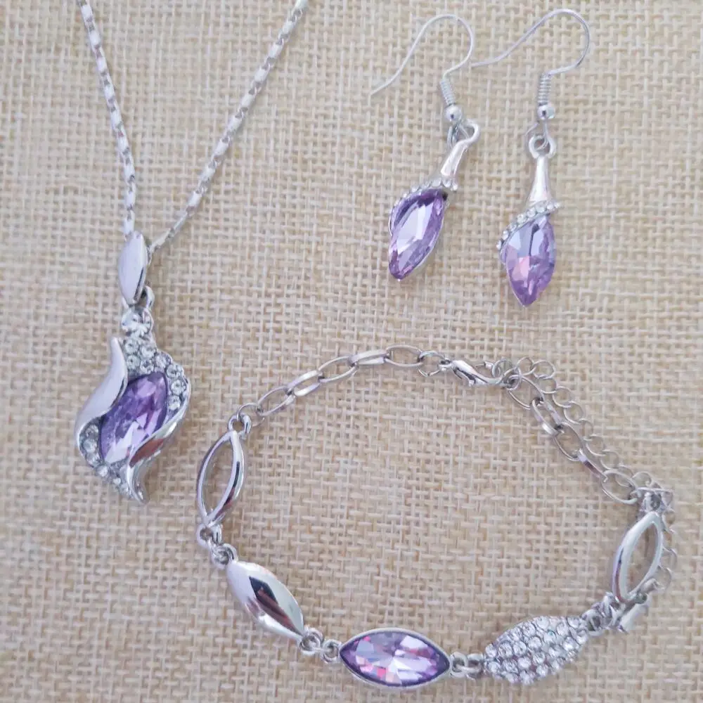 Free Angel Elf Light Purple Jewelry Set Water Drop Zircon 925 Sterling Silver Color Earrings Necklace Bracelet s024