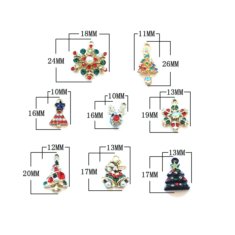 8pcs/set Christmas Alloy Rhinestone Pendants Sets Snowflake Christmas Tree Charms for Christmas Decor