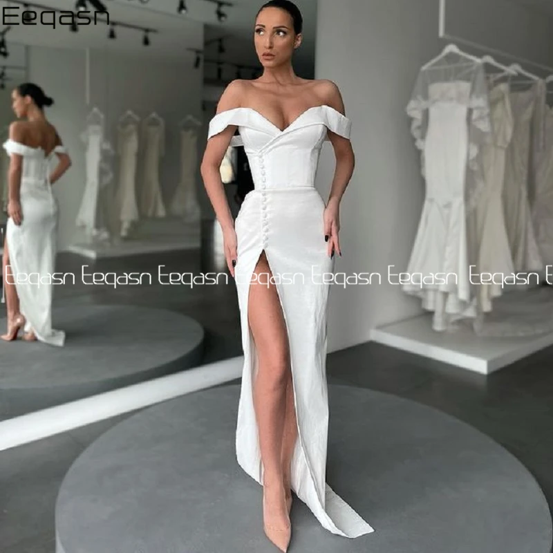 

White Long Evening Dress Off the Shoulder V Neck High Front Slit Floor Length Dubai Party Prom Gown Formal Dresses