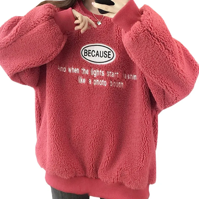 

Winter Korean Women Hoody Sweatshirt Harajuku Embroidered Letters Because Red O-neck Loose Long Sleeves Fashion Pullover Female