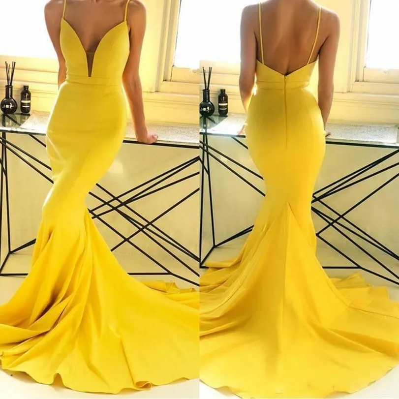 Vestido De Fiesta largo Formal con tirantes finos y Espalda descubierta, traje Sexy De sirena amarilla para graduación, 2021