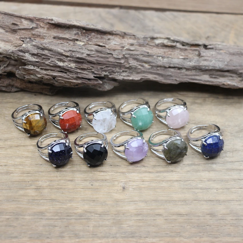 

Multifaceted Round Cabochon Lapis Labradorite Ring Crystal Quartz Stone Gems Silvery Resizable Ring Women Fashion Jewelry,QC4032