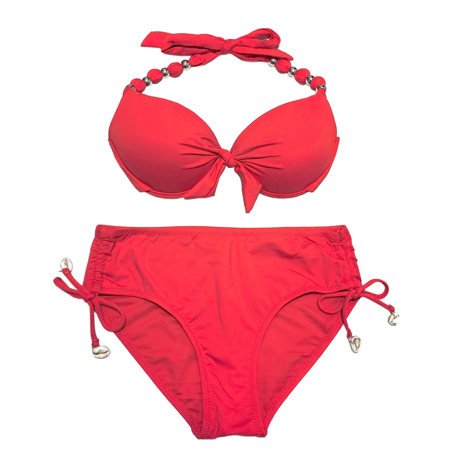 EONAR-Push Up Bikini Sets, Shoulder Strap, Beads Swimsuit, Mid Waist Bikini Sets, Full Coverage Bathing Suits, Swimwear