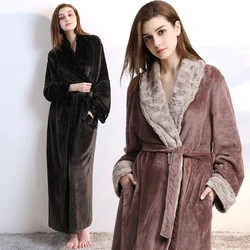 Women Extra Long Warm Flannel Bathrobe Winter Plus Size Sexy Pink Fur Bath Robe Bride Dressing Gown Coral Fleece Men Sleepwear