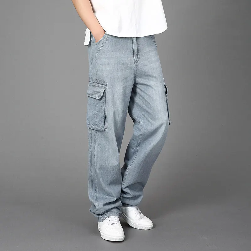 Jeans Men's Large Size Baggy Straight With Side Pockets Gray Hip Hop Skateboard Denim Trousers Loose Wide Leg Pants Size 30-46
