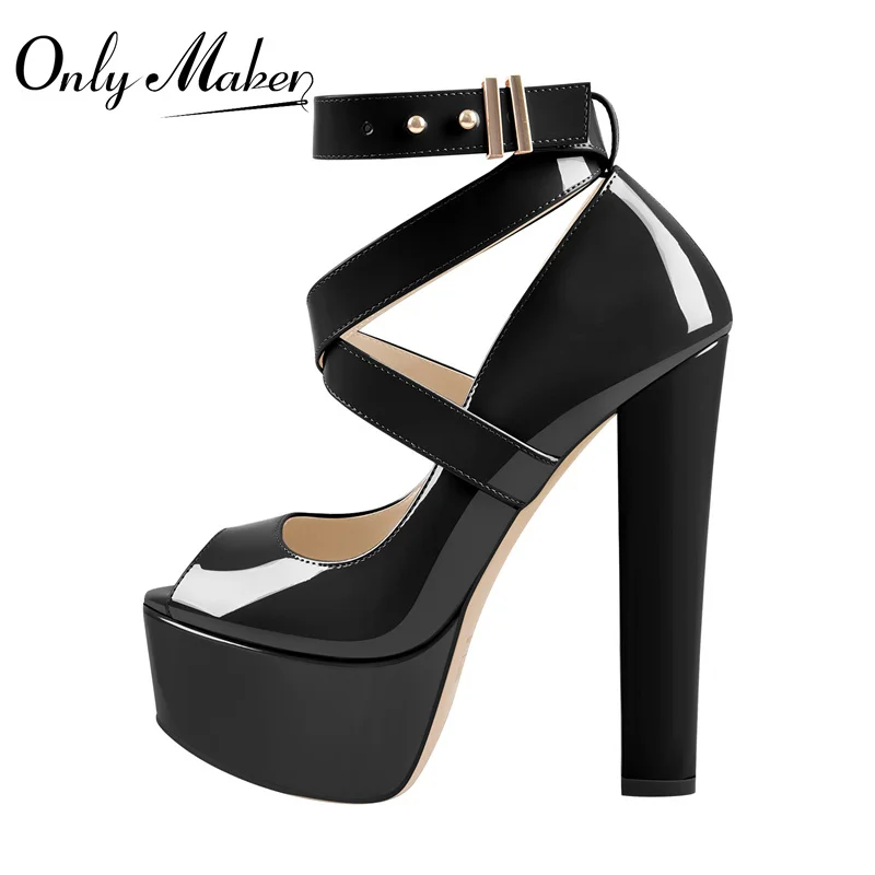 Onlymaker Peep Toe Platform Heels Black Patent Leather Cross Strap Ankle Buckle Chunky High Heels Large Size Summer Shoes