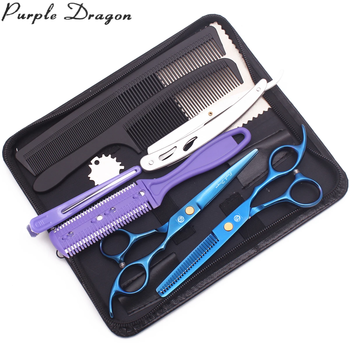 

Hair Scissors Set 5.5" 6" Purple Dragon JP Stainless Steel Hair Cutting Scissors Barber Thinning Shears Blue Wooden Case Razor