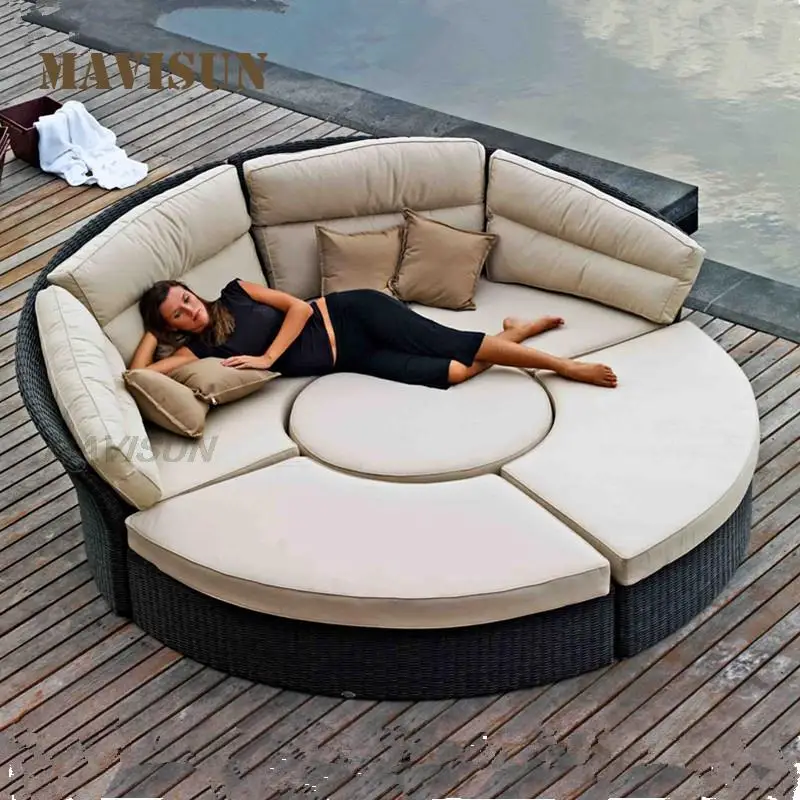 Villa Garden Balcony Rattan Sofa Swimming Pool Round Bed Leisure Table And Chair Combination Outdoor Furniture Set