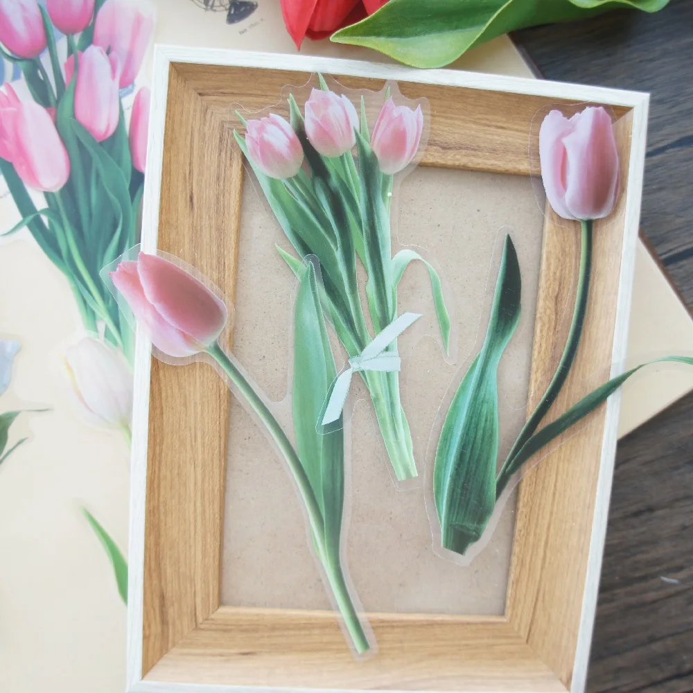 6Pcs สีชมพูขนาดใหญ่ Tulip ดอกไม้สไตล์ PVC สติกเกอร์โปร่งใส Scrapbooking DIY ของขวัญตกแต่ง: