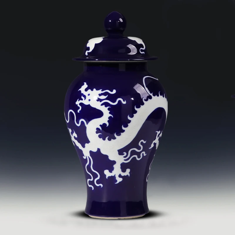 Jingdezhen Ceramic Hand Carved Dragon Design Blue And White Porcelain Storage Ginger Jar