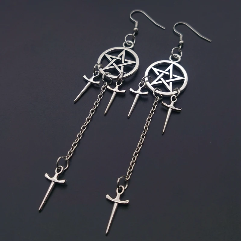 Pentagram Swords Earrings Silver Plated Huggie Hoops Dangle Witchy Jewelry Pagan Wiccan Tarot Gothic Emo Women Gift