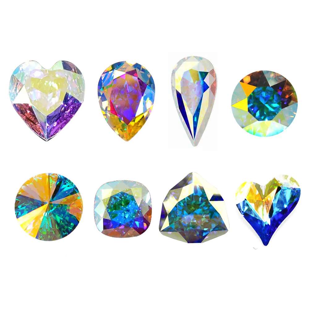 

Crystal Glass Stone K9 AB Rhinestones Navette Drop Round Rivoli Heart Triangle Pointback Nail Art Jewelry Making