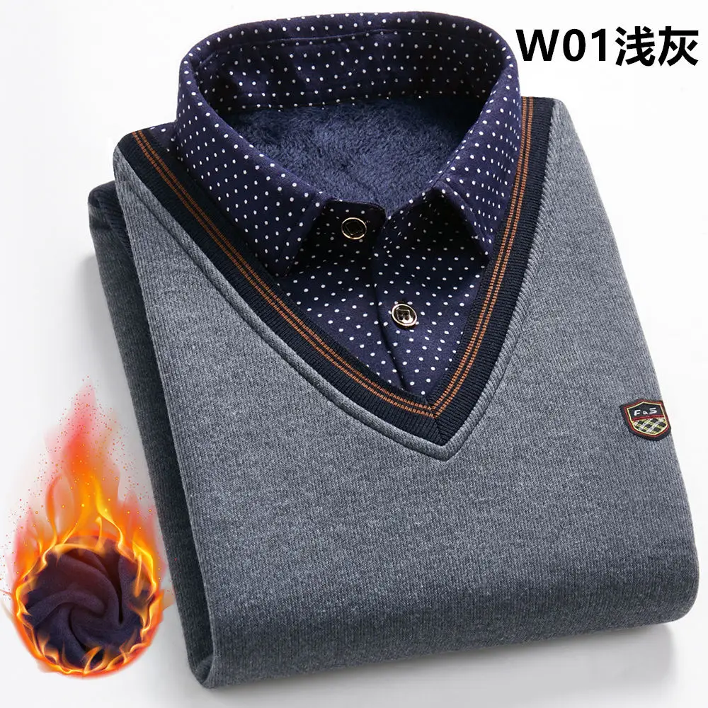 2024 New Autumn/Winter Men\'s Wool Shirt-Neck Sweater Fashionable Plaid Solid Thickened Warm Fleece High Quality Versatile Casual