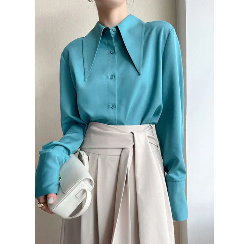 Women\'s Shirt French Long Sleeve Blouse Female Spring Autumn Street Casual Shirts Fashion All-match Pointed Lapel Chiffon Blouse