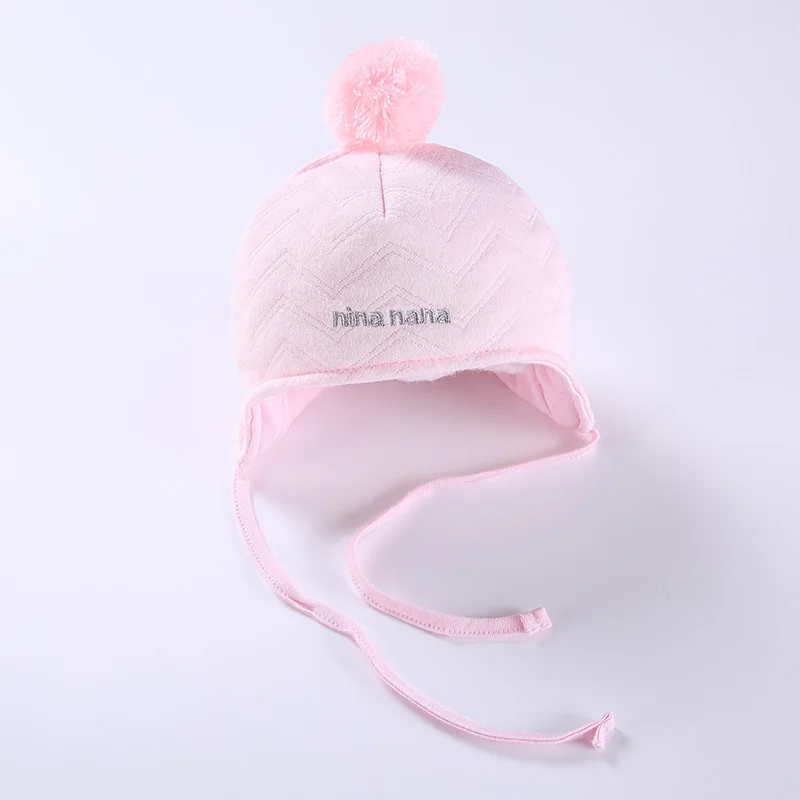 Baby Autumn Winter Hats Warm Earflap Hat Infant Beanies Girl Pom Pom Cap Pink Cute Hat 0-3-6-12months