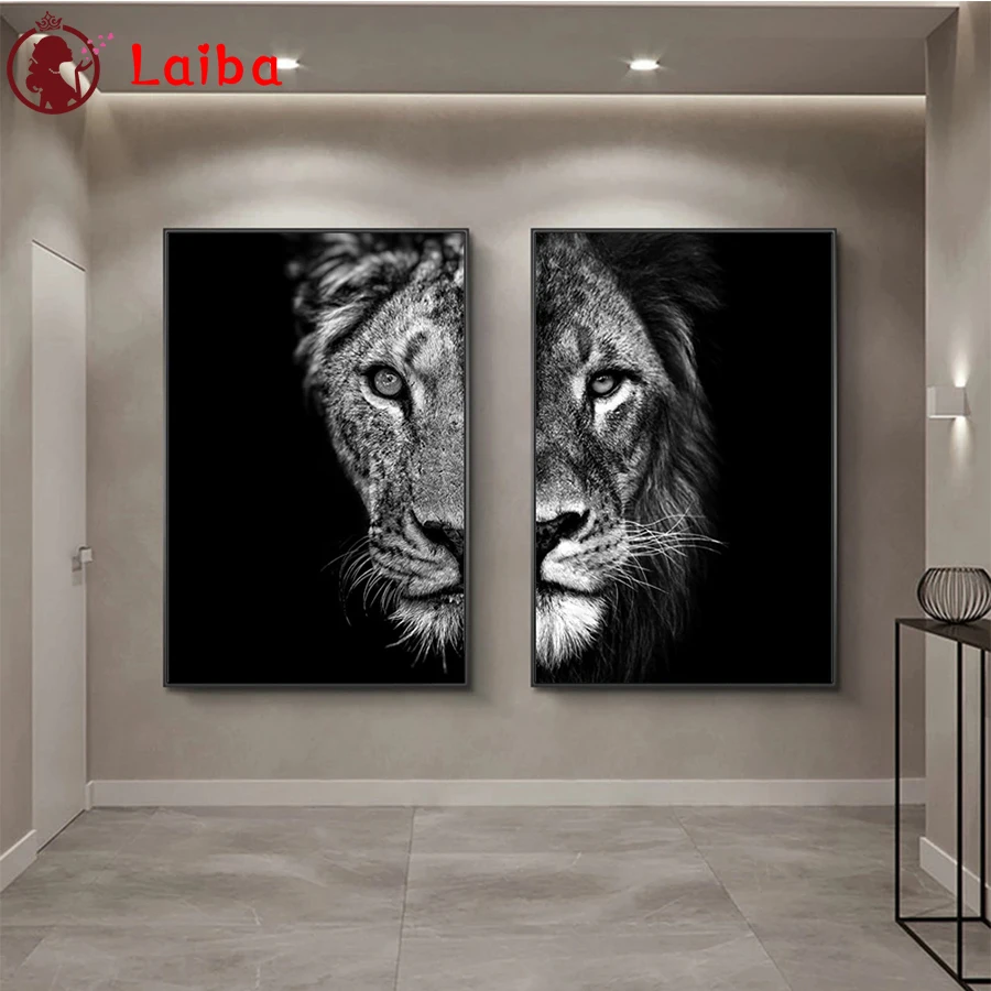 

DIY Diamond Painting Black and white animal lion portrait art Full Square Diamond Cross Stitch sets Mosaic Handmade Gift 2PCS