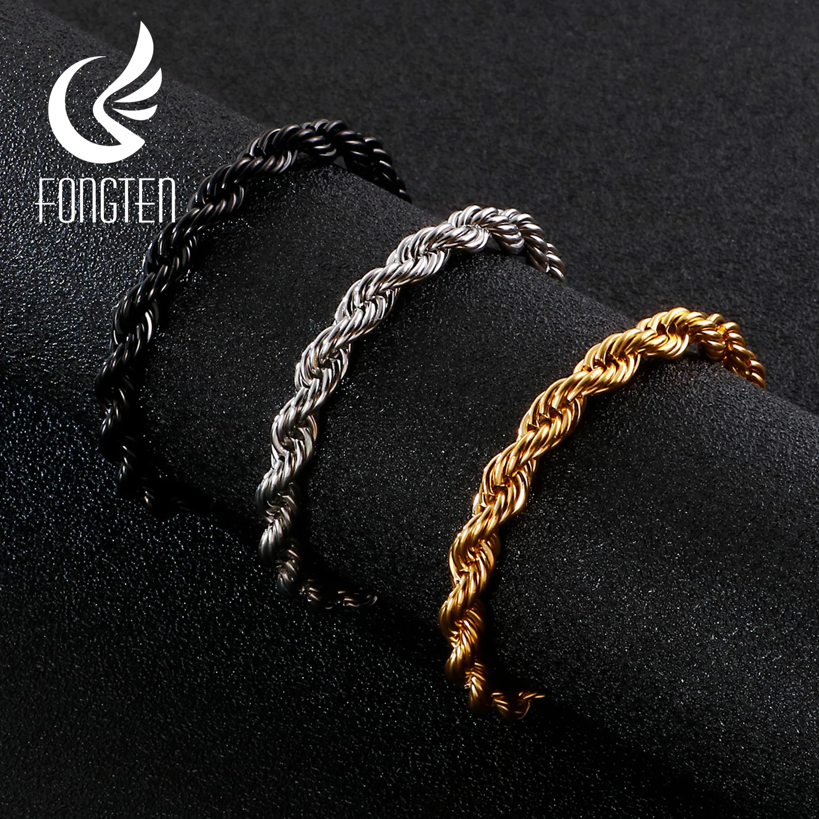 Fongten 8mm Twisted Chain Bracelet for Men Women Stainless Steel Gold Color Chain Bracelets Bangle Male Jewelry Gift Wholesale