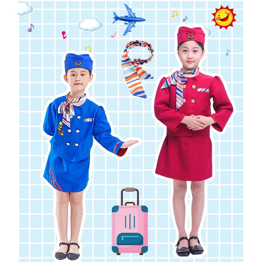 Halloween Kids Cosplay Air Stewardess Career Uniforms Occupational Sexy Air Hostess Flight Attendant Girls Costume Performance