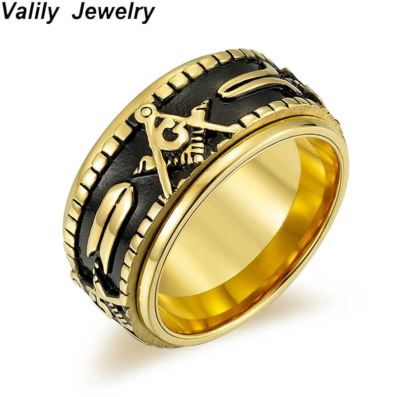 Valily Men\'s Gold Color Spinner Freemason Ring Stainless Steel Rune Rotating Mason Masonic Jewelry for Man