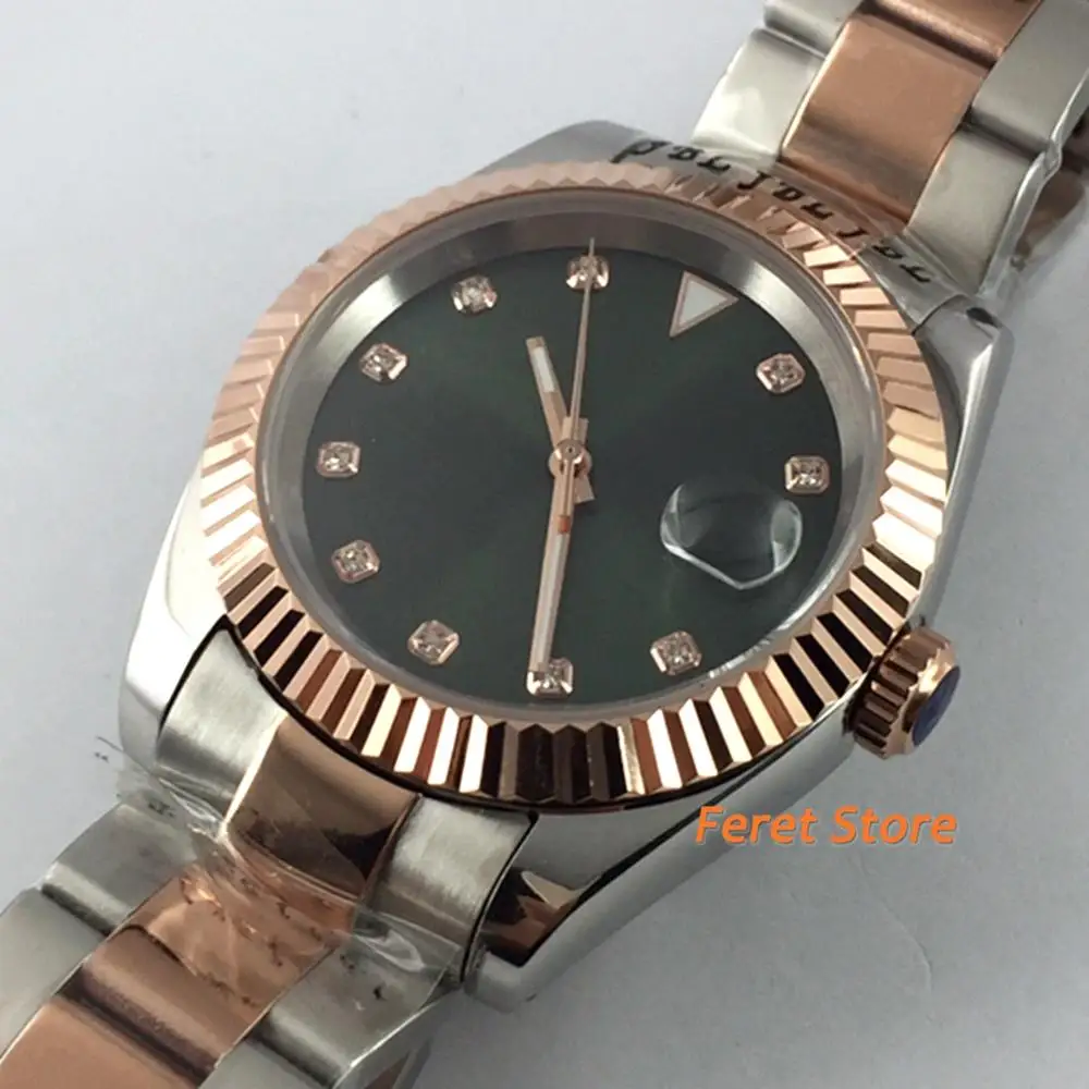 

Bliger 40mm Silver Rose Gold Case Sapphire Glass Green Dial Date Waterproof Stainless Steel Men's Top Automatic Watch b171