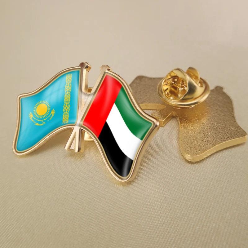 Kazakhstan and United Arab Emirates Crossed Double Friendship Flags Lapel Pins Brooch Badges