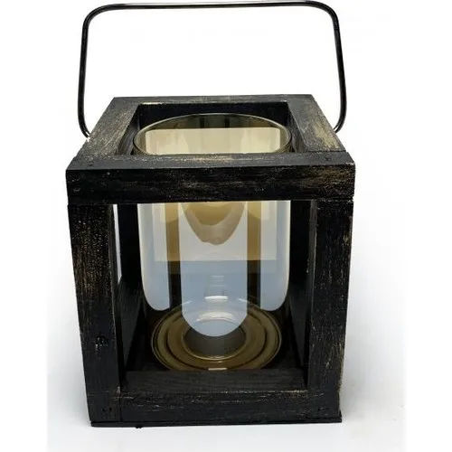 Folk Bookstore Small Wood Black Gold Foil Lantern Candle Holder